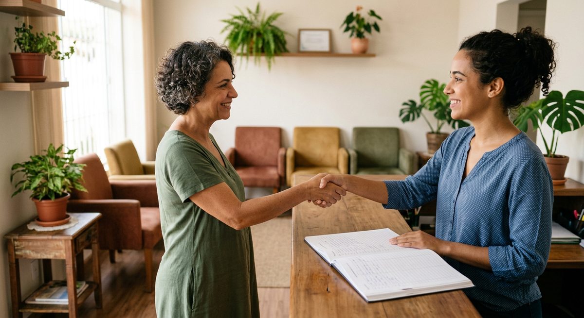 Recepcionista de clínica cumprimenta com sorriso a paciente que chega na hora marcada, na recepção iluminada do consultório